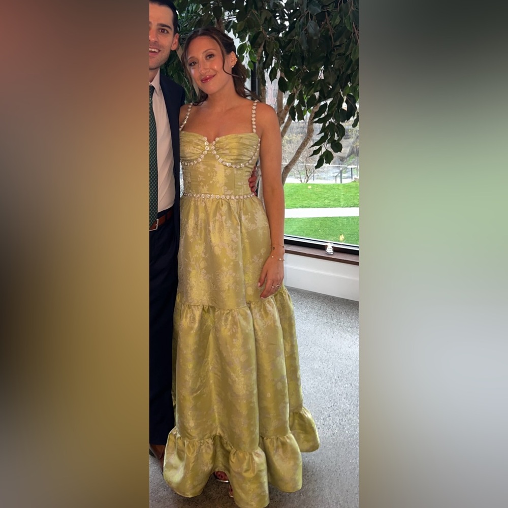 V. Chapman Lime Green Tiered Maxi Dress with Pearl Trim - Picture 3 of 4